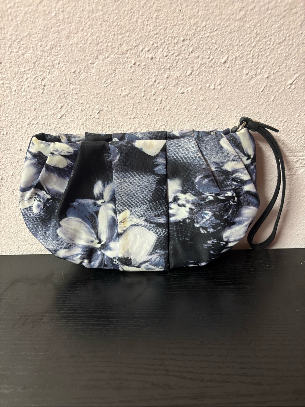 Floral Pleated Wristlet Clutch Black Blue Ivory